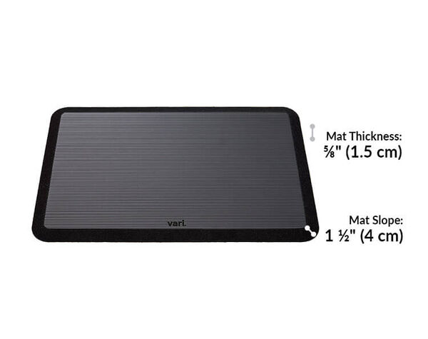 standing mat 34 by 22 is five eighths inches thick and has a slope of 1 and a half inches